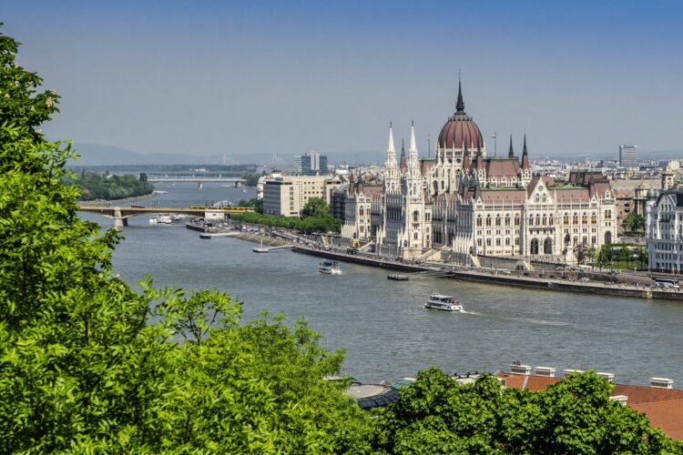 The image is looking down the river toward the hungarian parliament building
