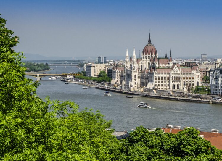 The image is looking down the river toward the hungarian parliament building