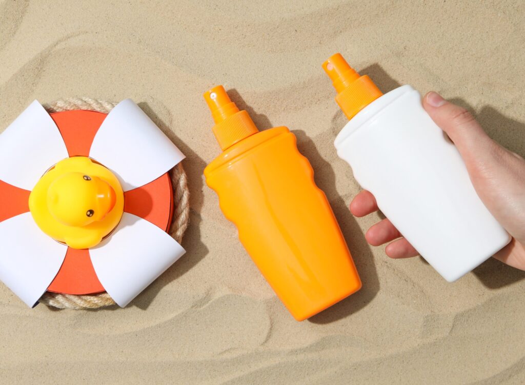 Concept of summer skin care accessories, top view